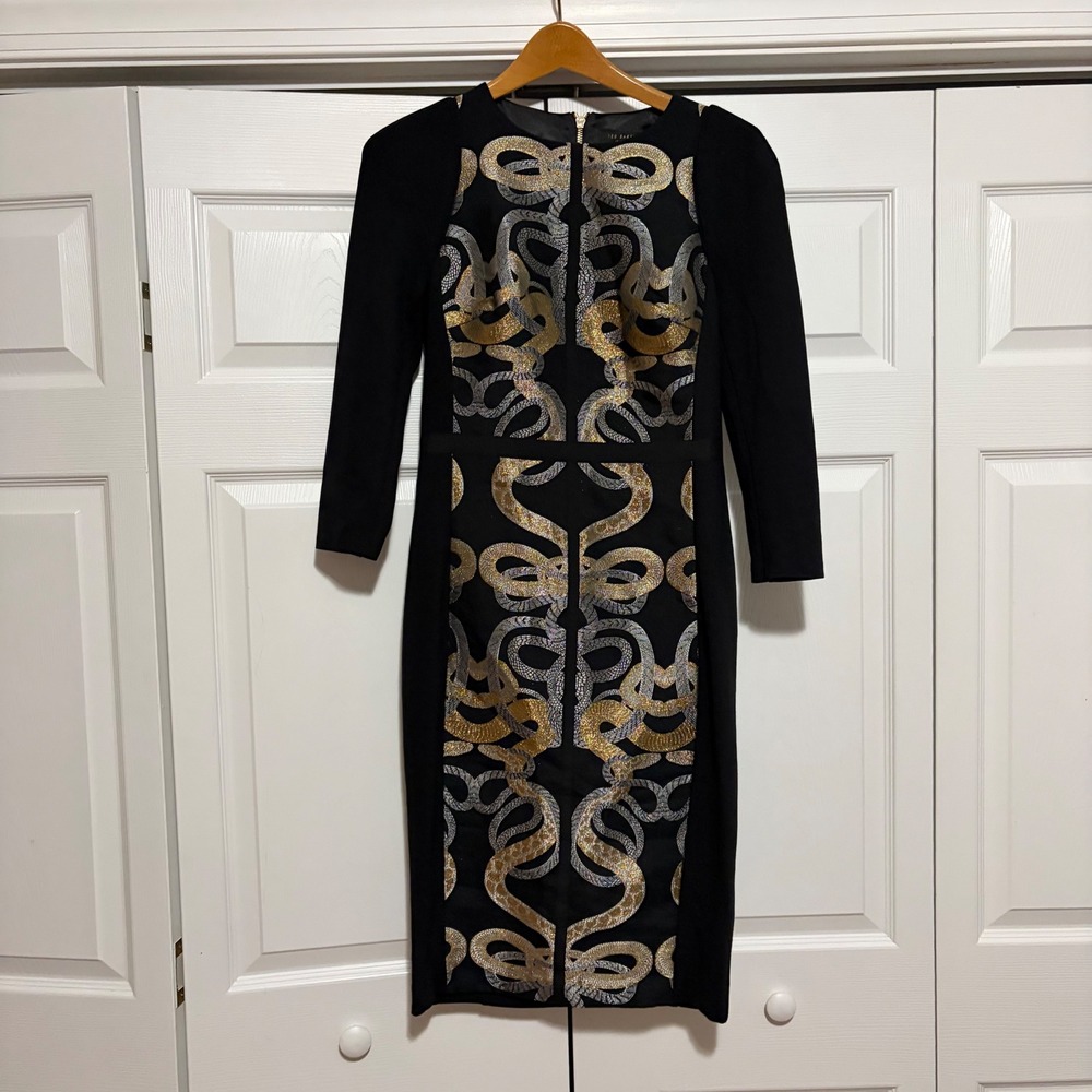 Ted Baker Metallic Jacquard Sheath Dress Womens 8 Black Party Cocktail Body Con